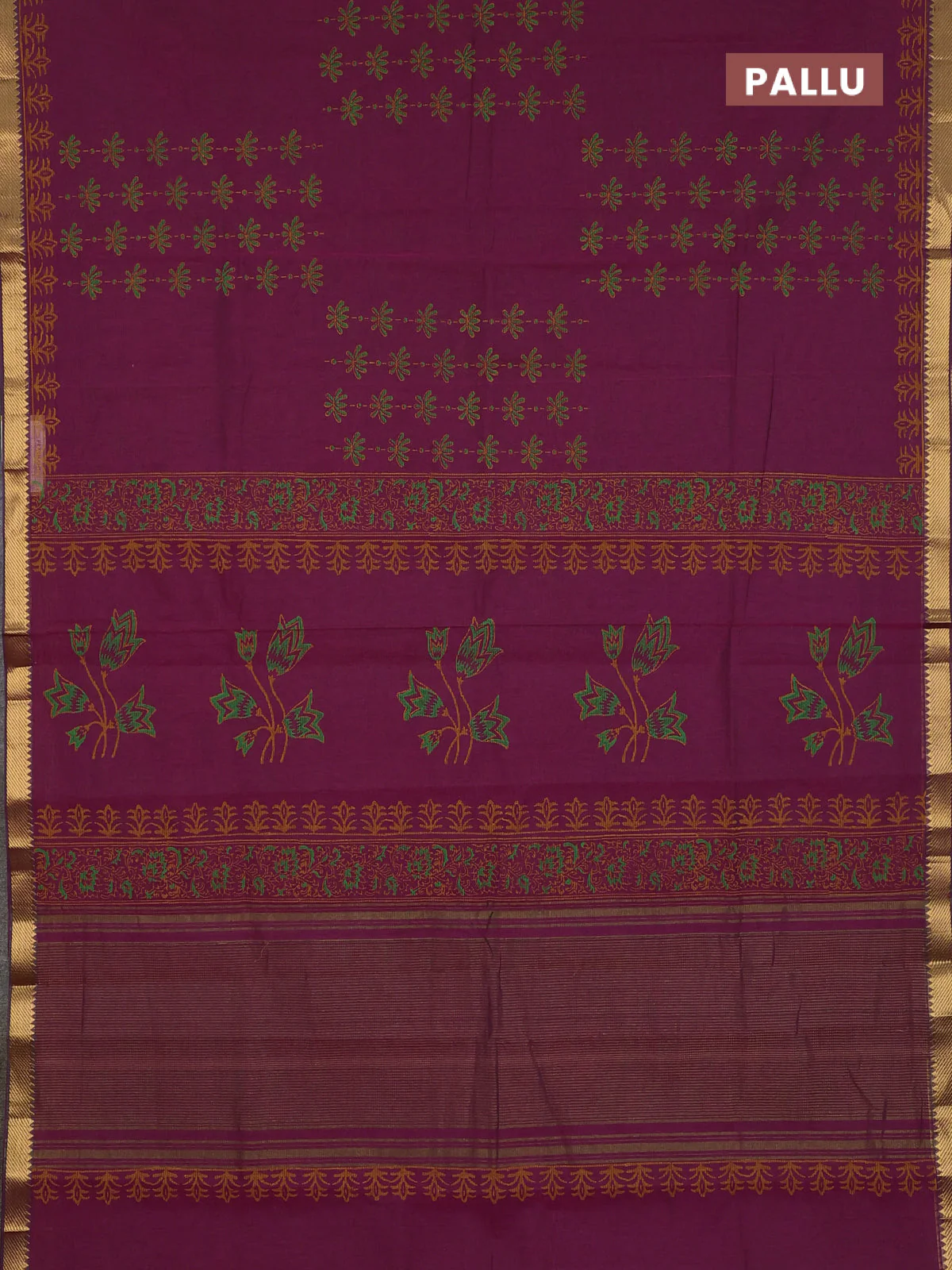 Mangalagiri cotton block printed saree magenta pink with allover prints and mangalgiri border - Image 3