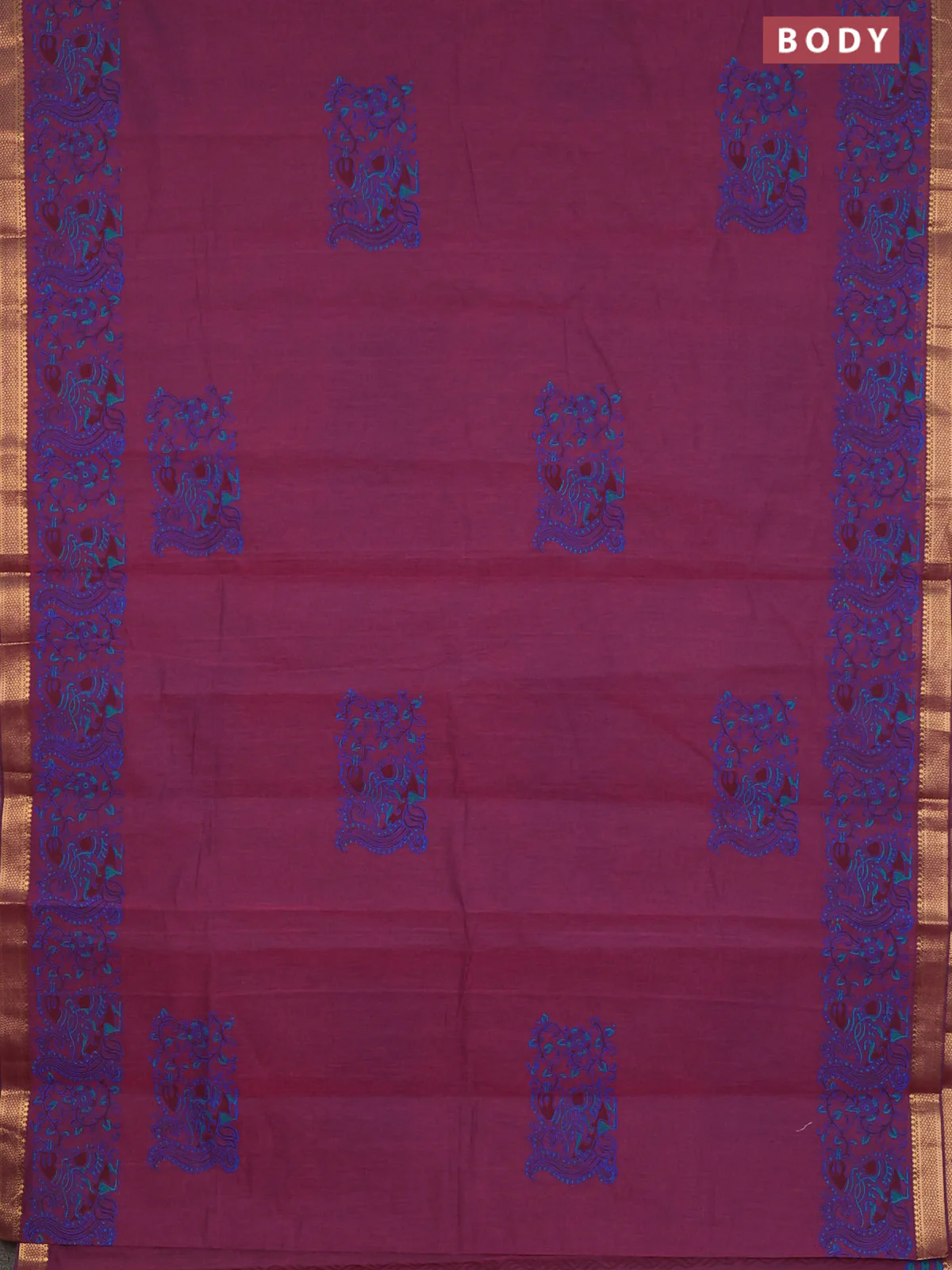 Mangalagiri cotton block printed saree magenta pink with annam butta prints and mangalgiri border - Image 2