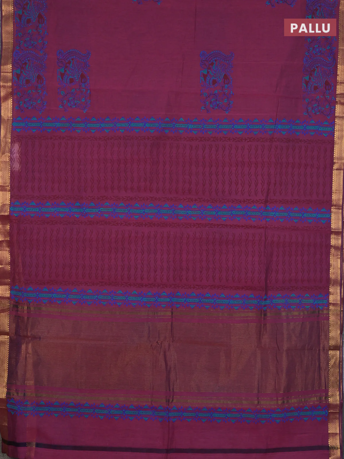 Mangalagiri cotton block printed saree magenta pink with annam butta prints and mangalgiri border - Image 3