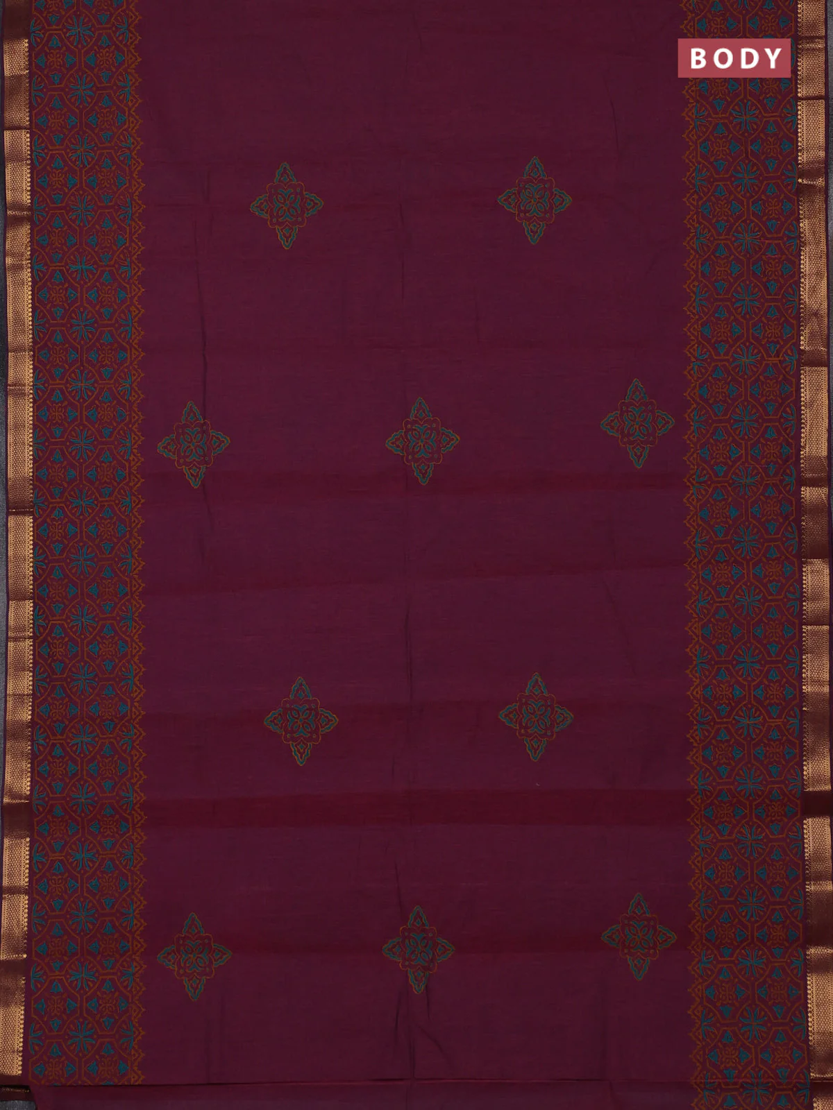 Mangalagiri cotton block printed saree magenta pink with butta prints and mangalgiri border - Image 2
