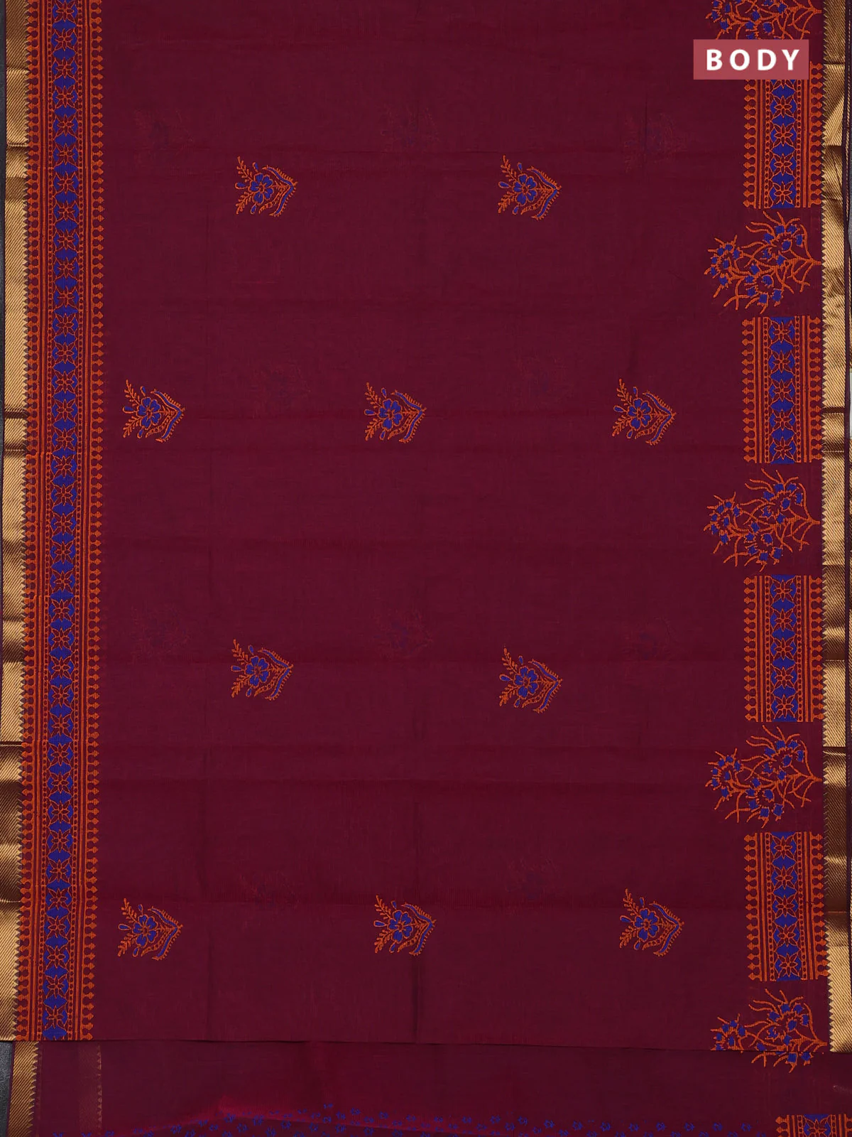 Mangalagiri cotton block printed saree magenta pink with floral butta prints and mangalgiri border - Image 2