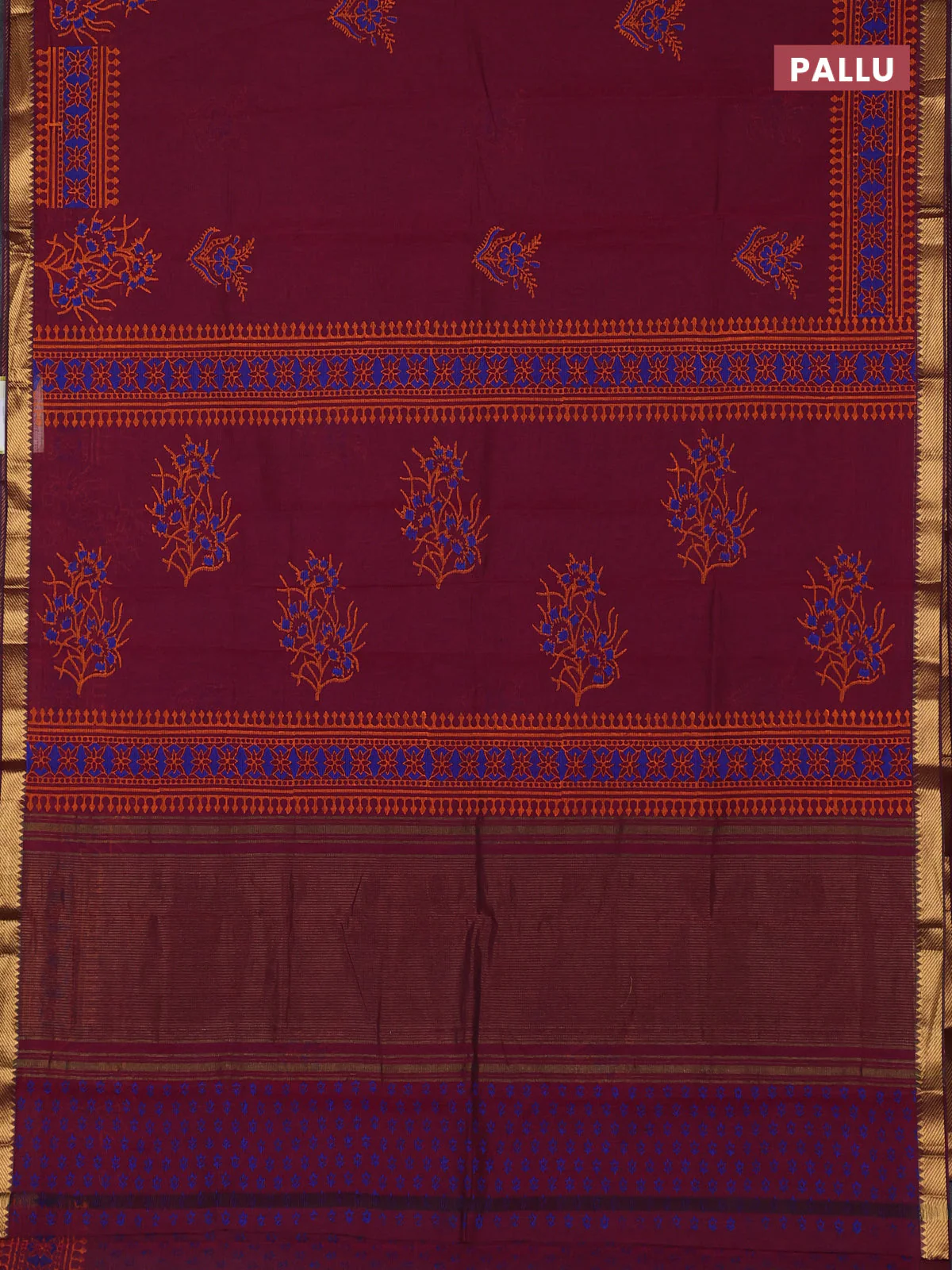 Mangalagiri cotton block printed saree magenta pink with floral butta prints and mangalgiri border - Image 3