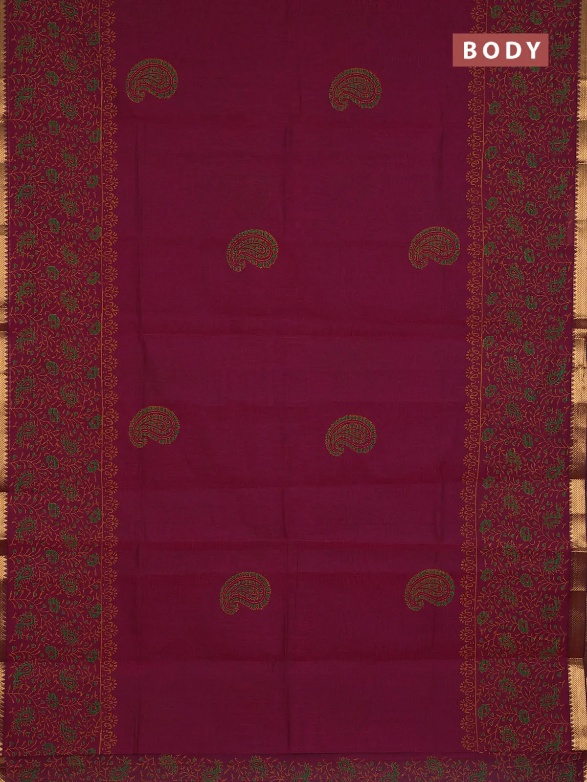 Mangalagiri cotton block printed saree magenta pink with paisley butta prints and mangalgiri border - Image 2