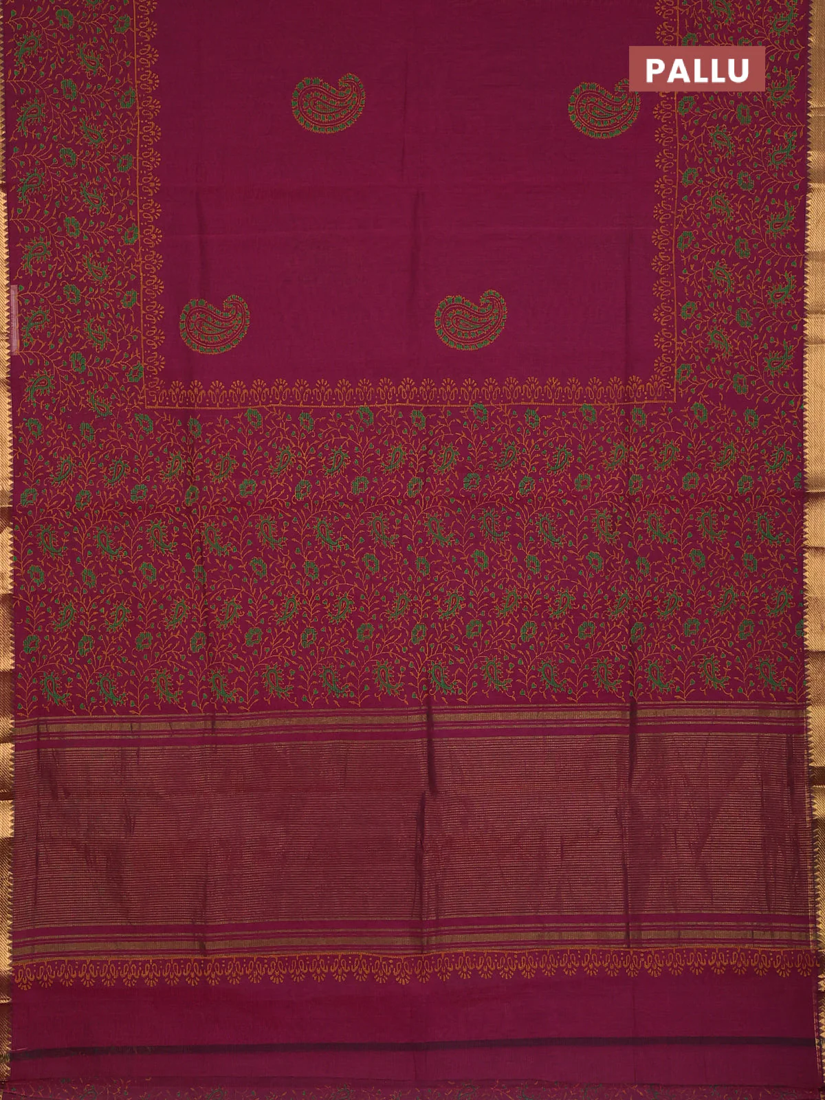 Mangalagiri cotton block printed saree magenta pink with paisley butta prints and mangalgiri border - Image 3