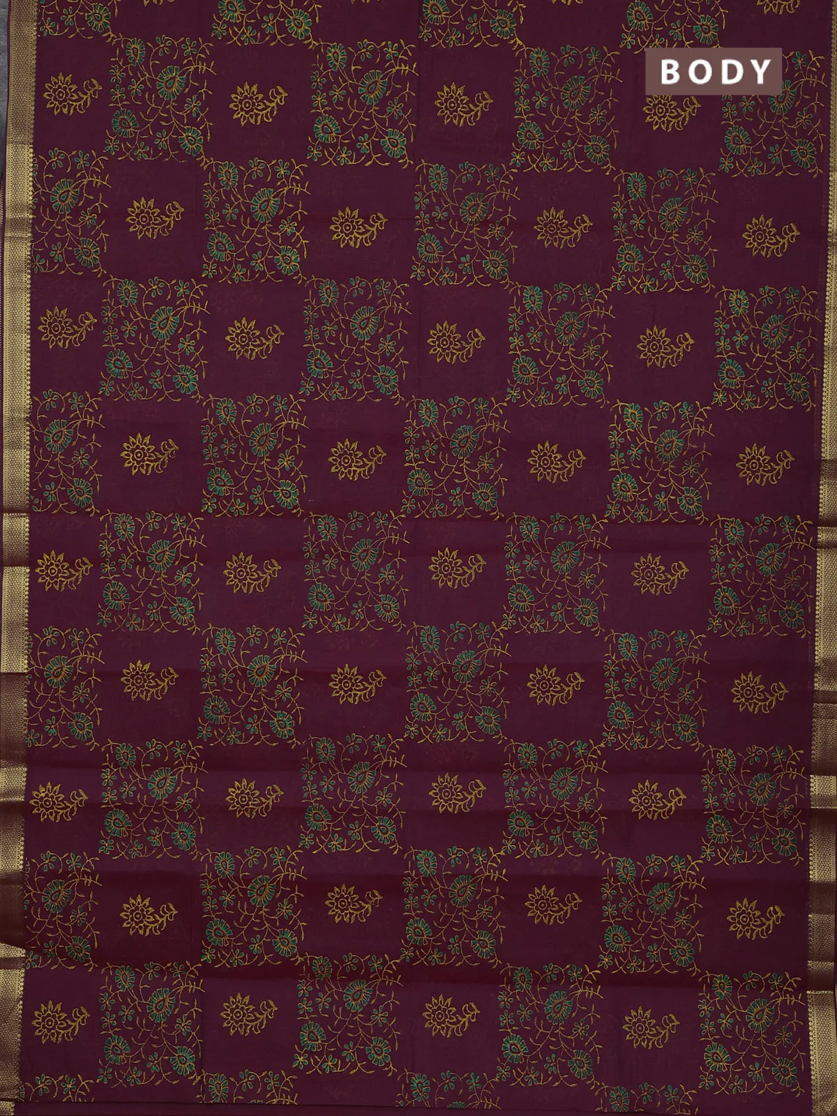 Mangalagiri cotton block printed saree maroon with allover prints and mangalgiri border - Image 2