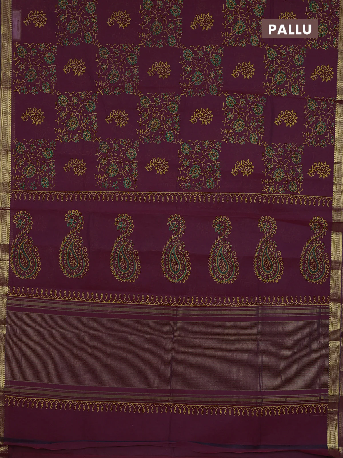 Mangalagiri cotton block printed saree maroon with allover prints and mangalgiri border - Image 3