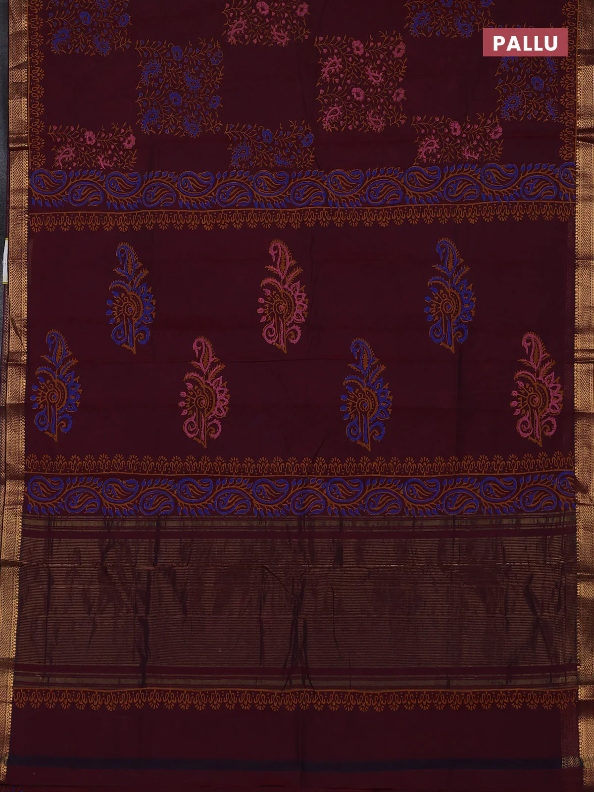 Mangalagiri cotton block printed saree maroon with allover prints and mangalgiri border - Image 3