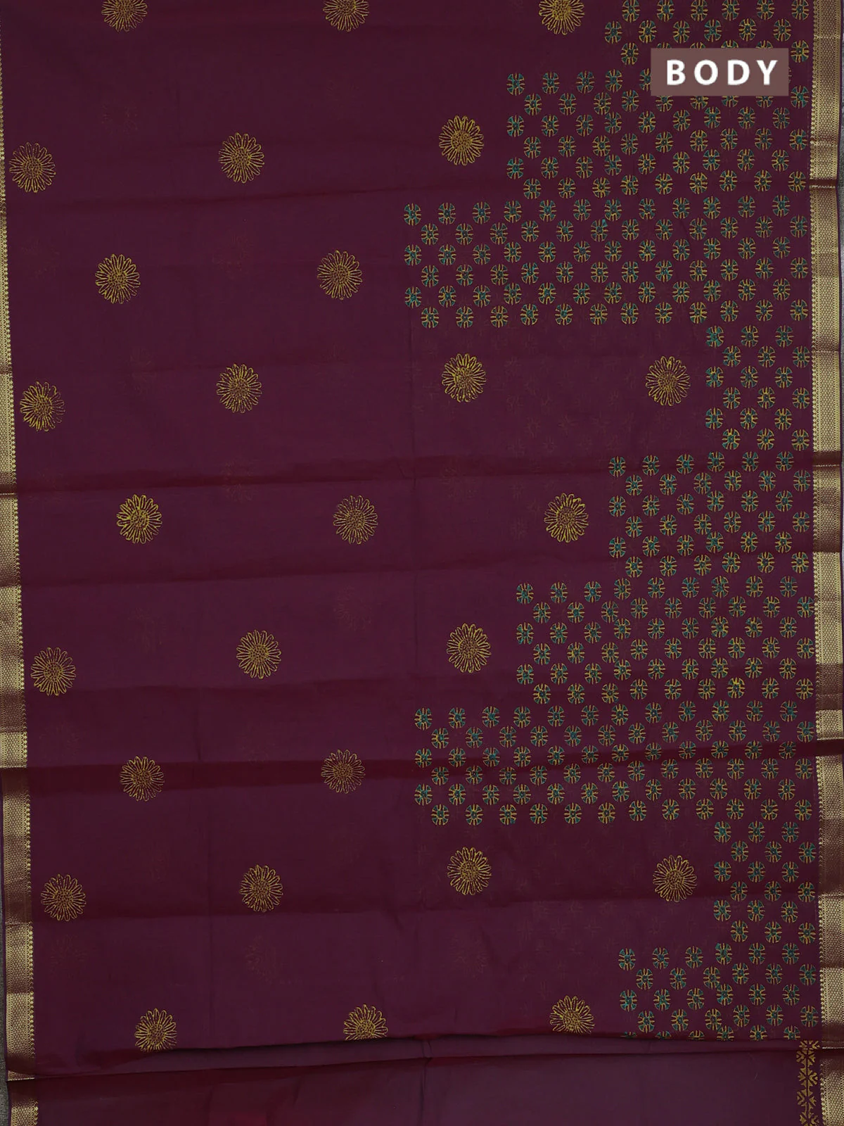 Mangalagiri cotton block printed saree maroon with butta prints and mangalgiri border - Image 2