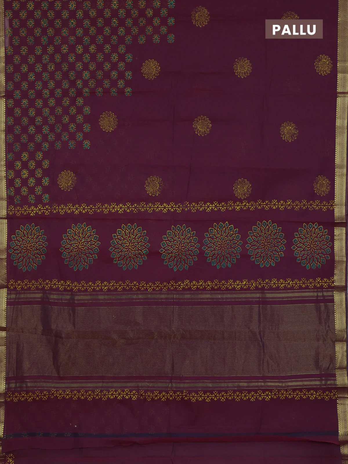 Mangalagiri cotton block printed saree maroon with butta prints and mangalgiri border - Image 3