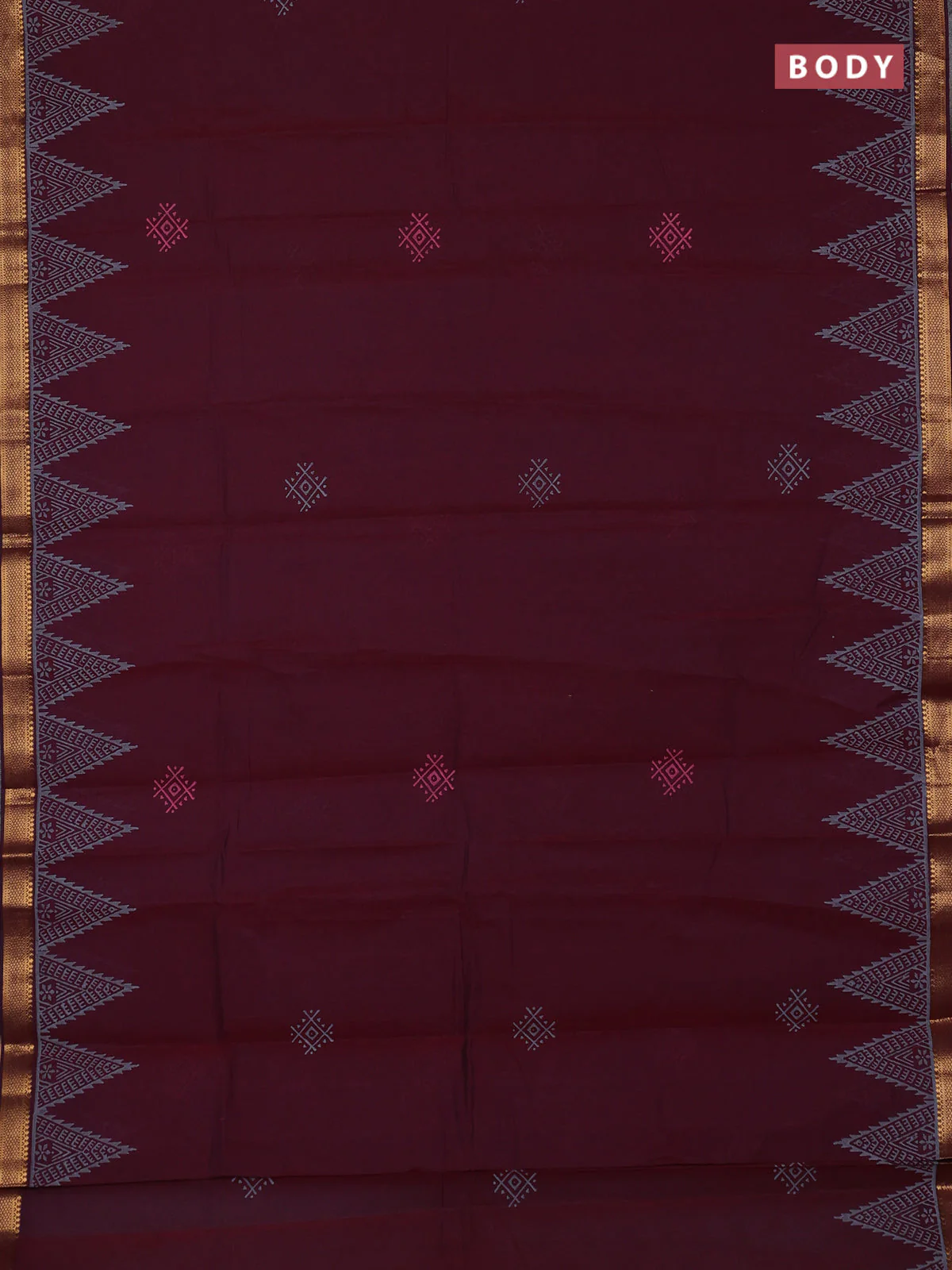 Mangalagiri cotton block printed saree maroon with butta prints and mangalgiri border - Image 2
