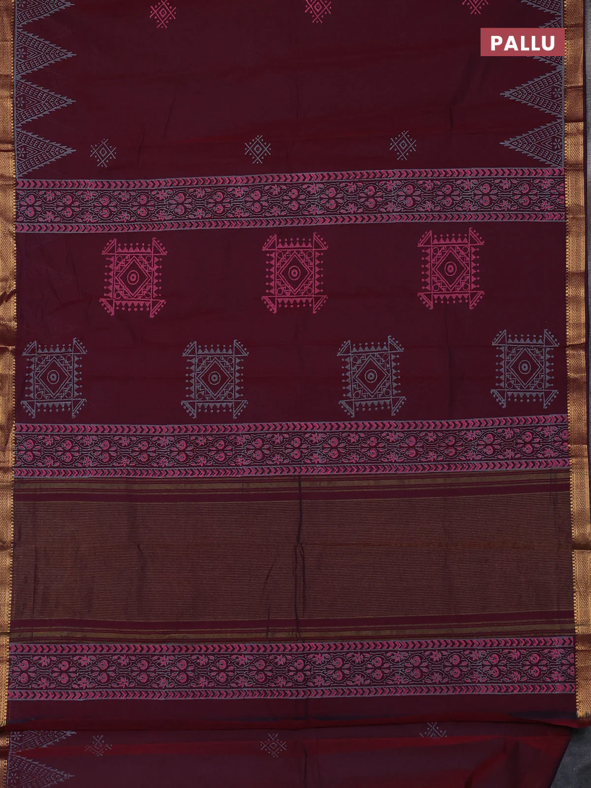 Mangalagiri cotton block printed saree maroon with butta prints and mangalgiri border - Image 3