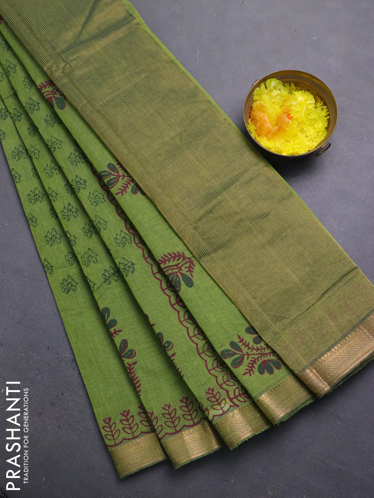 Mangalagiri cotton block printed saree mehendi green with allover butta prints and mangalgiri border