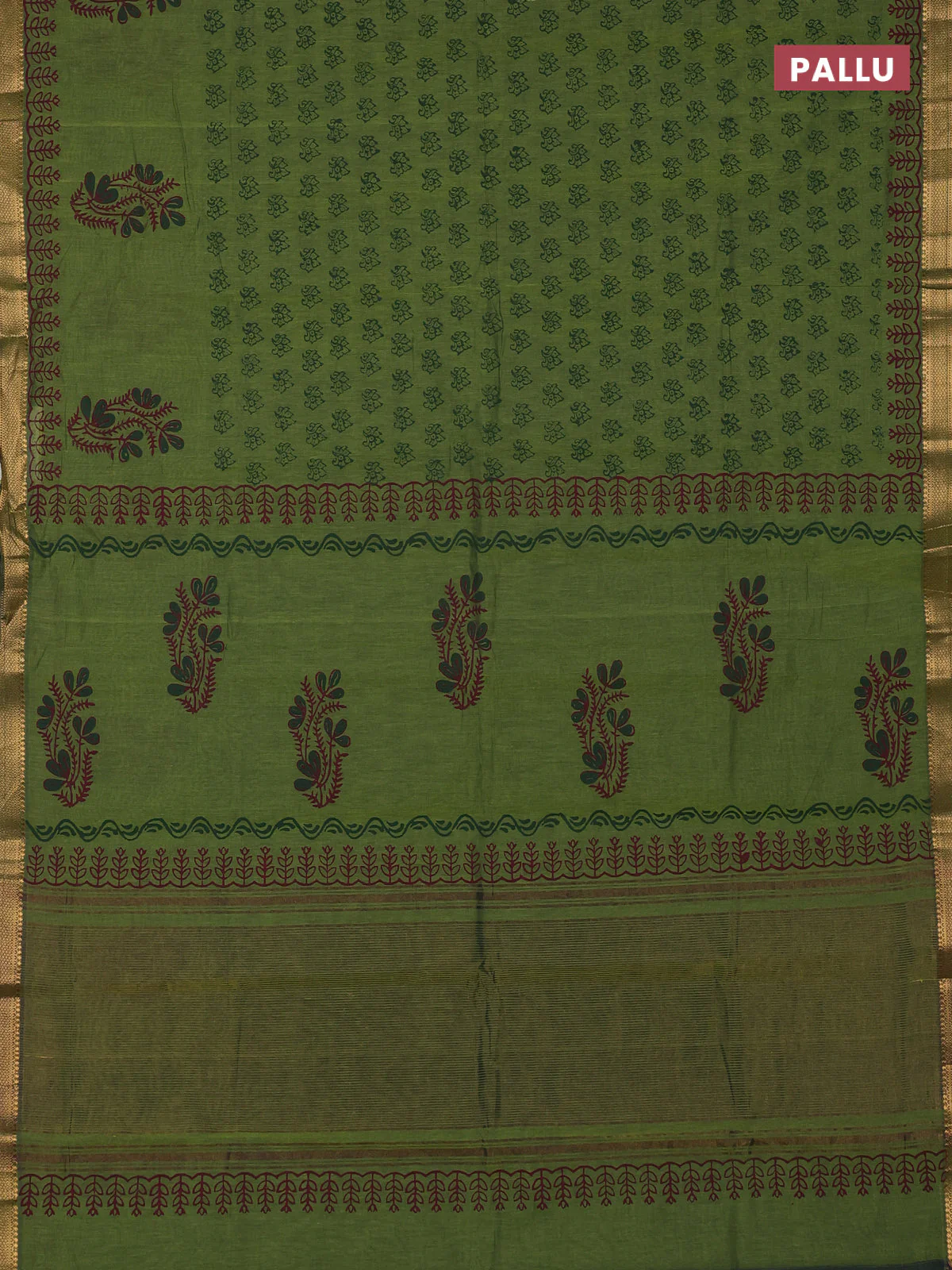 Mangalagiri cotton block printed saree mehendi green with allover butta prints and mangalgiri border - Image 3