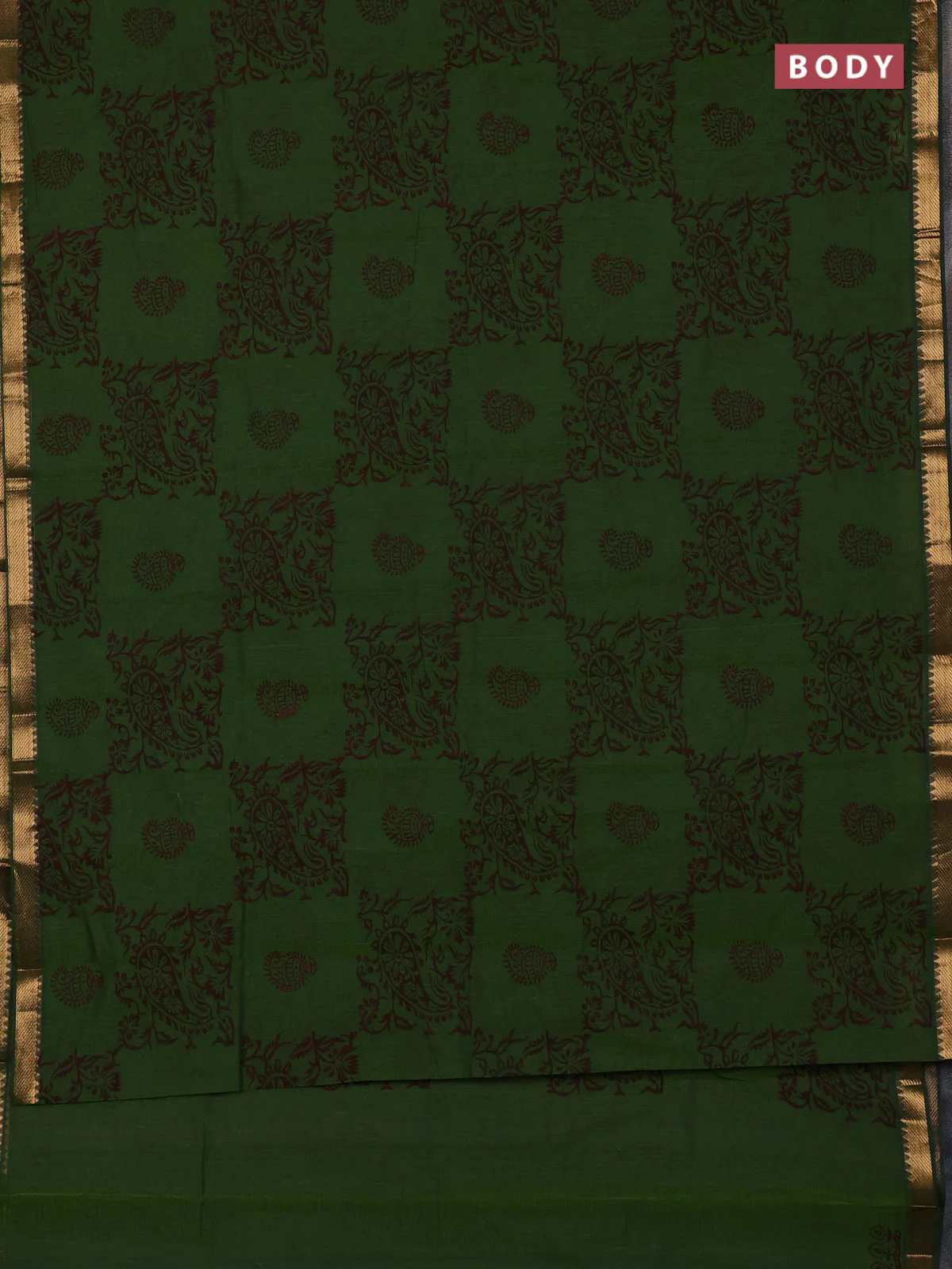 Mangalagiri cotton block printed saree mehendi green with allover prints and mangalgiri border - Image 2