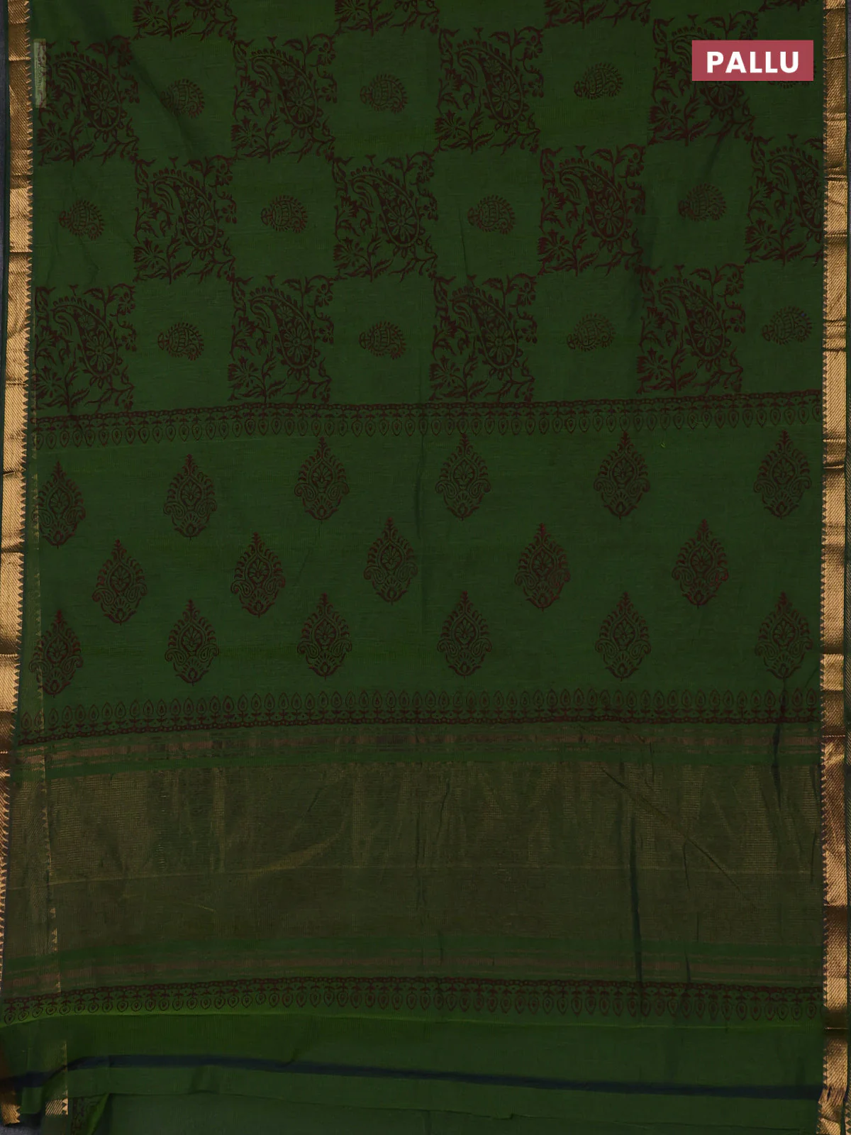 Mangalagiri cotton block printed saree mehendi green with allover prints and mangalgiri border - Image 3