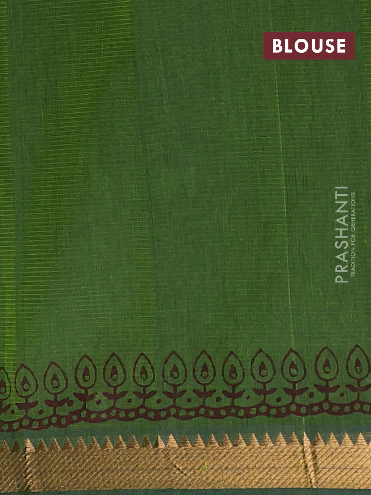 Mangalagiri cotton block printed saree mehendi green with allover prints and mangalgiri border - Image 4