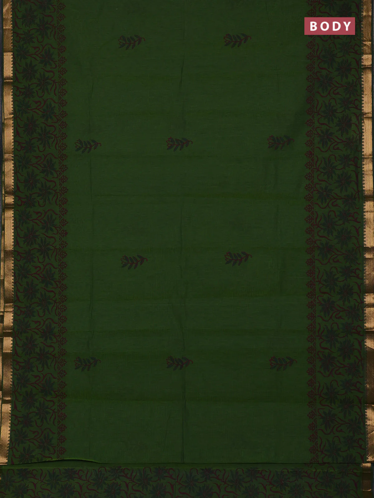 Mangalagiri cotton block printed saree mehendi green with butta prints and mangalgiri border - Image 2