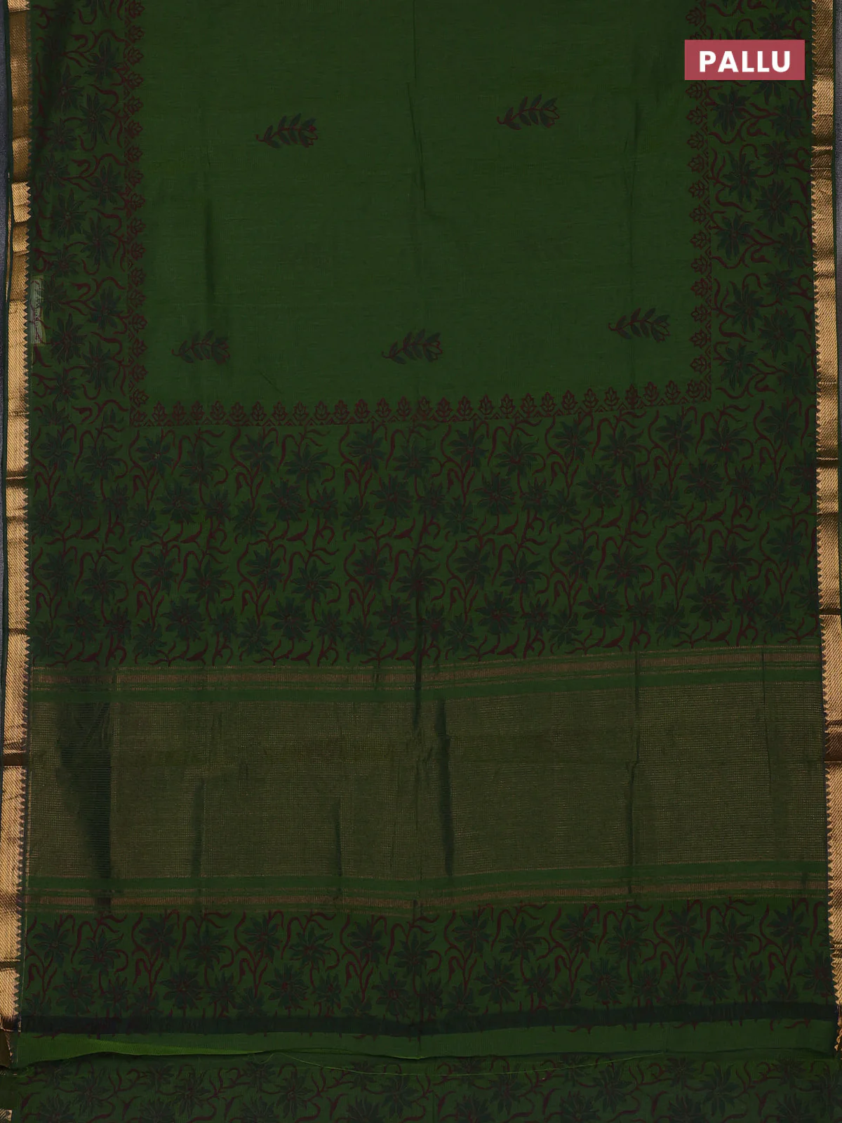 Mangalagiri cotton block printed saree mehendi green with butta prints and mangalgiri border - Image 3