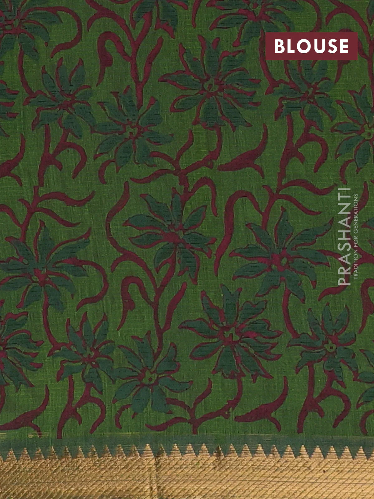 Mangalagiri cotton block printed saree mehendi green with butta prints and mangalgiri border - Image 4
