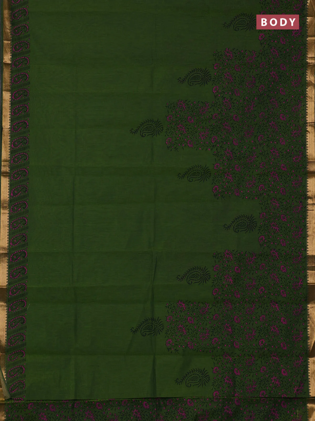 Mangalagiri cotton block printed saree mehendi green with butta prints and mangalgiri border - Image 2