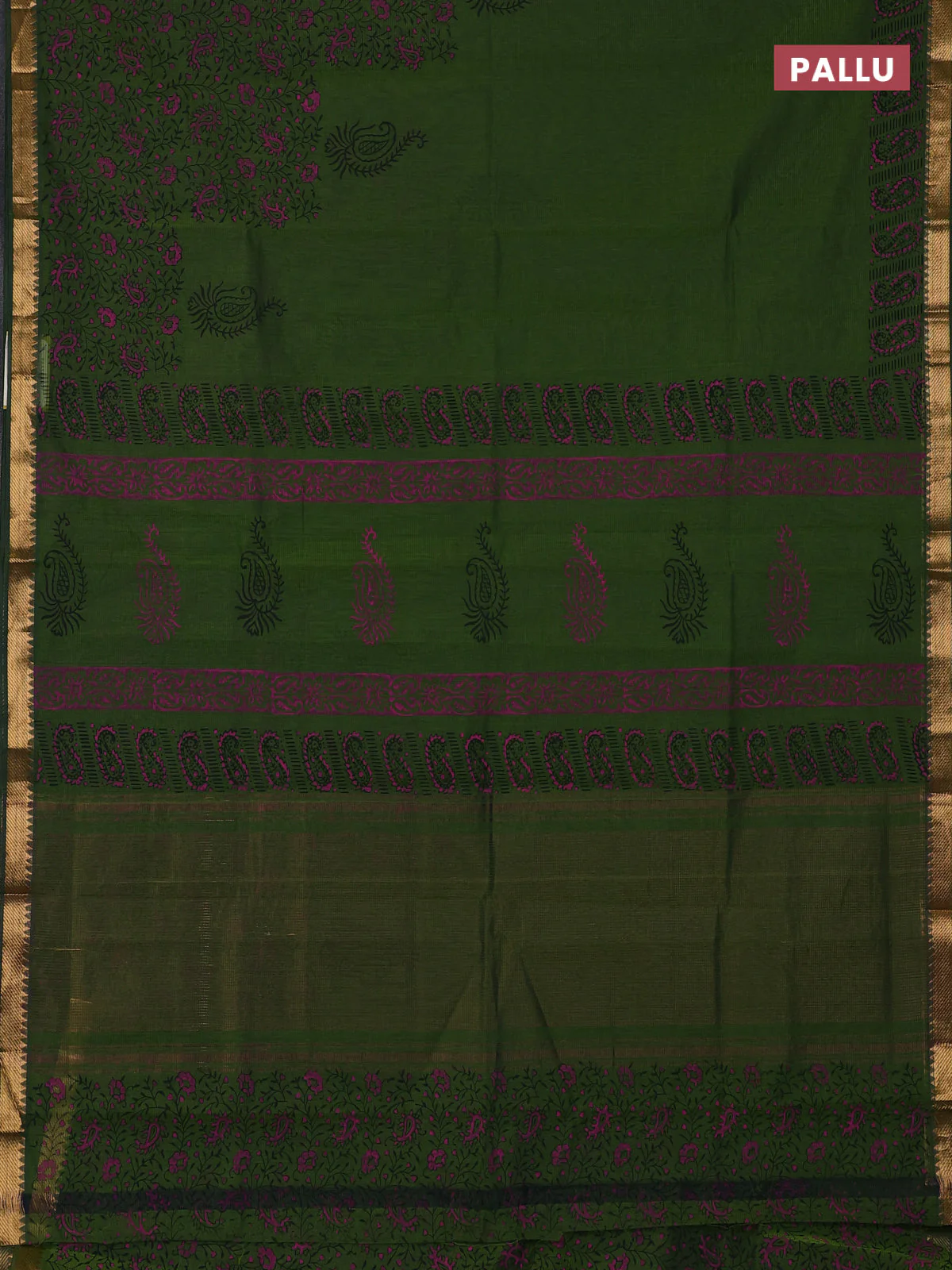 Mangalagiri cotton block printed saree mehendi green with butta prints and mangalgiri border - Image 3