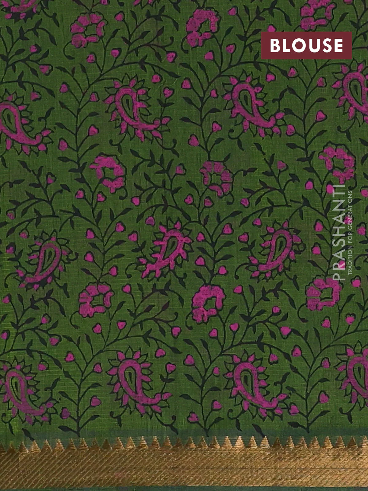 Mangalagiri cotton block printed saree mehendi green with butta prints and mangalgiri border - Image 4