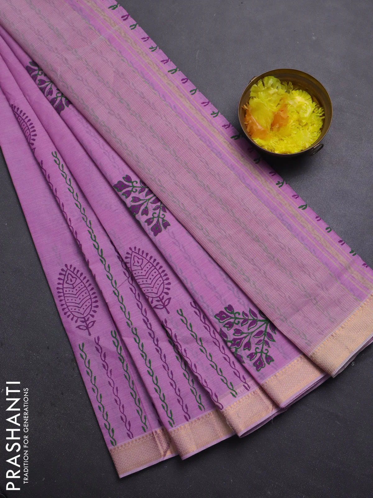 Mangalagiri cotton block printed saree mild lavender shade with butta prints and mangalgiri border