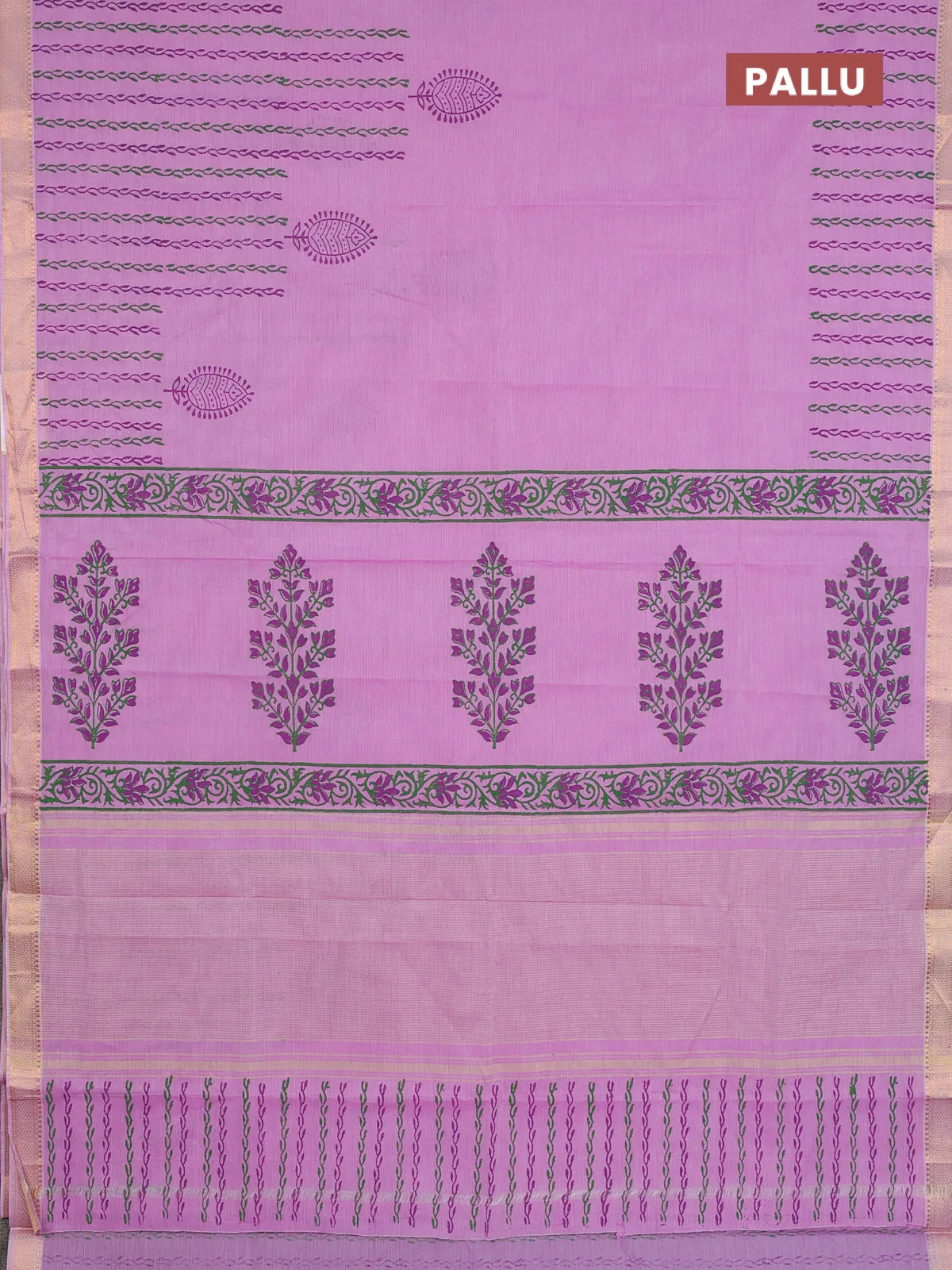 Mangalagiri cotton block printed saree mild lavender shade with butta prints and mangalgiri border - Image 3