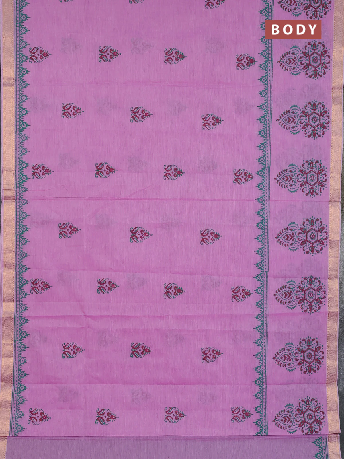 Mangalagiri cotton block printed saree mild lavender with butta prints and mangalgiri border - Image 2