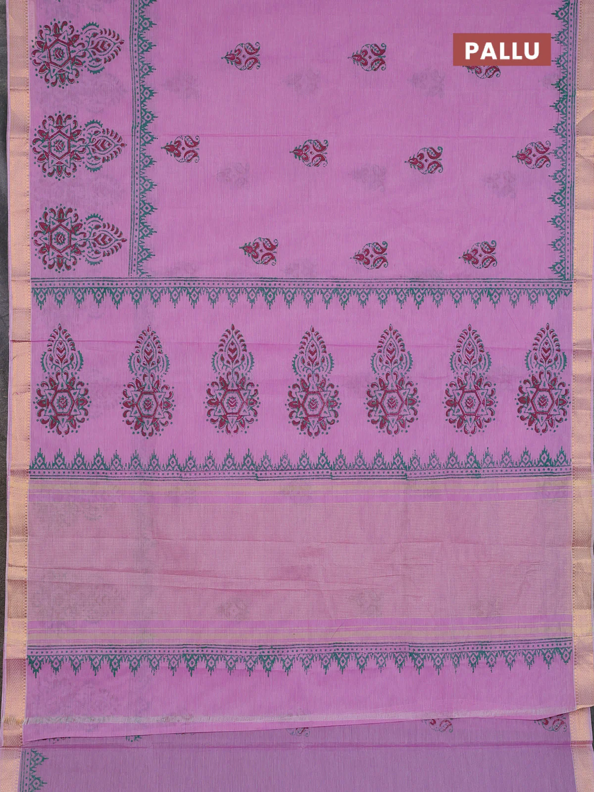 Mangalagiri cotton block printed saree mild lavender with butta prints and mangalgiri border - Image 3