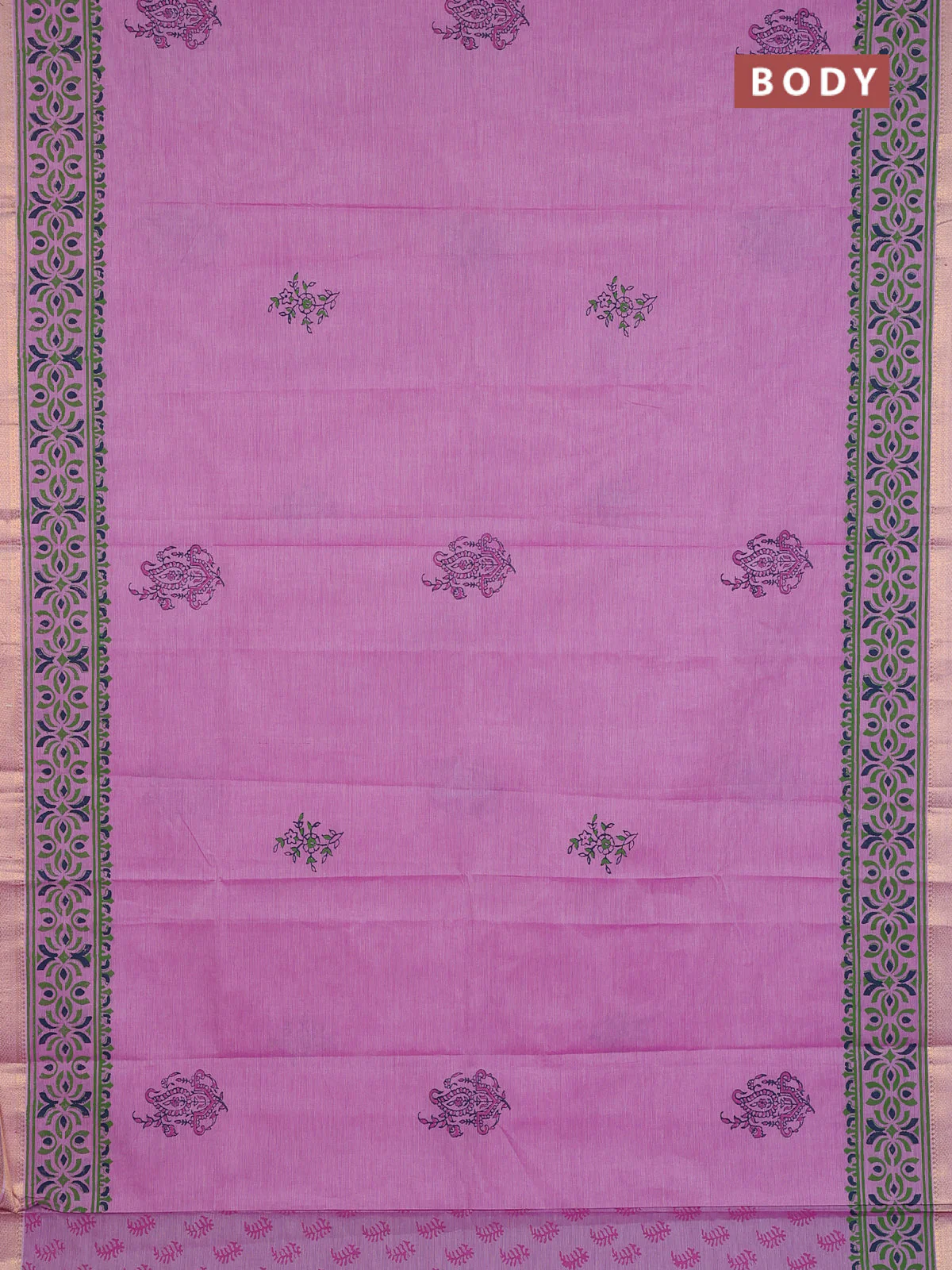 Mangalagiri cotton block printed saree mild lavender with butta prints and mangalgiri border - Image 2
