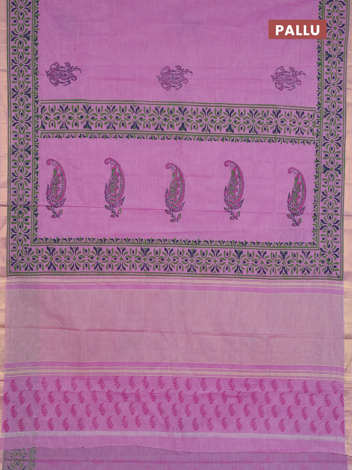 Mangalagiri cotton block printed saree mild lavender with butta prints and mangalgiri border - Image 3