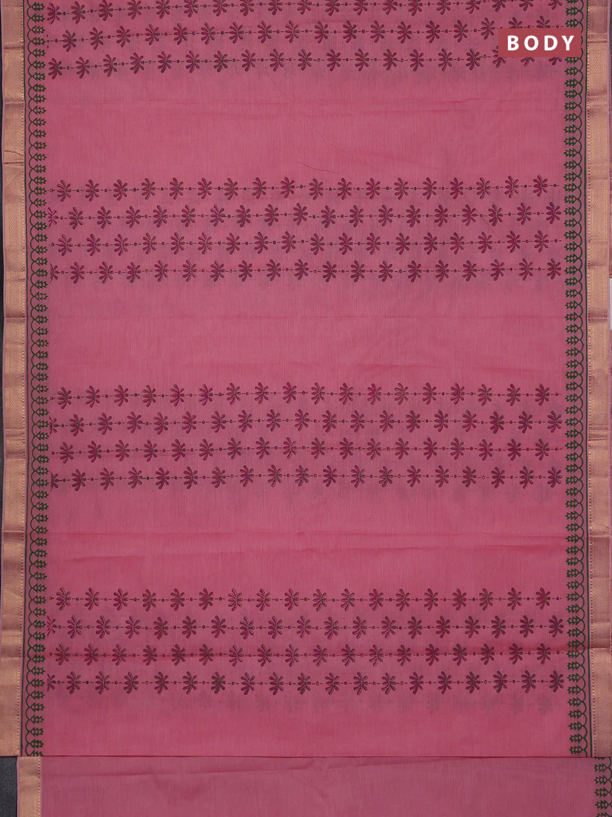 Mangalagiri cotton block printed saree mild peach pink with prints and mangalgiri border - Image 2