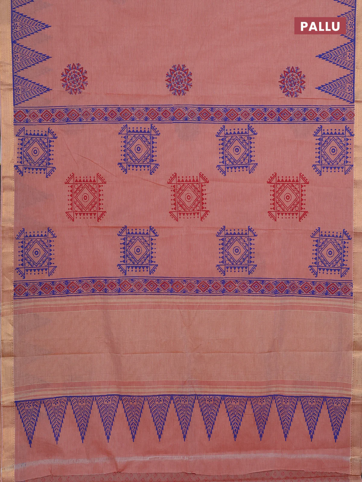 Mangalagiri cotton block printed saree pale orange with allover butta prints and mangalgiri border - Image 3