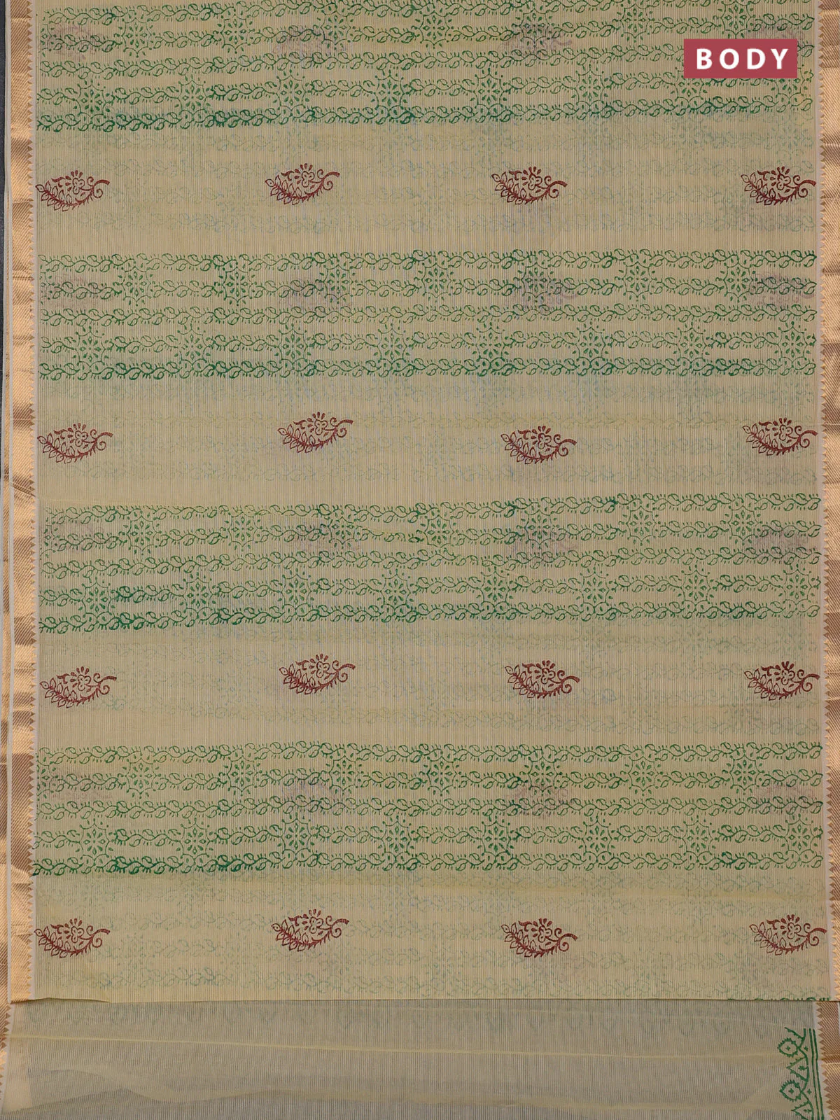 Mangalagiri cotton block printed saree pale yellow with allover prints and mangalgiri border - Image 2