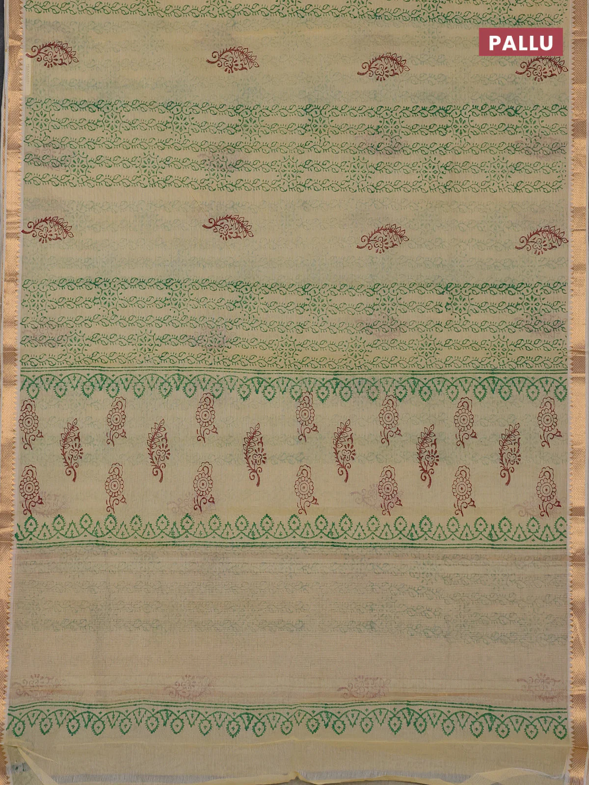 Mangalagiri cotton block printed saree pale yellow with allover prints and mangalgiri border - Image 3