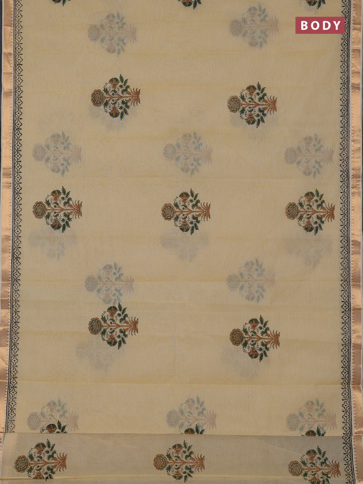 Mangalagiri cotton block printed saree pale yellow with floral butta prints and mangalgiri border - Image 2