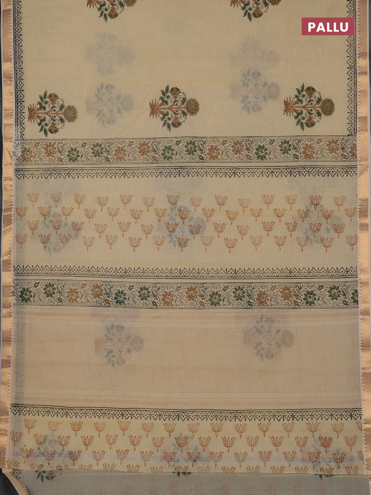 Mangalagiri cotton block printed saree pale yellow with floral butta prints and mangalgiri border - Image 3