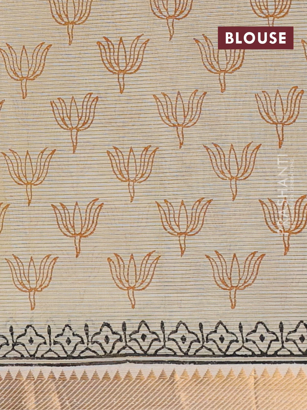 Mangalagiri cotton block printed saree pale yellow with floral butta prints and mangalgiri border - Image 4