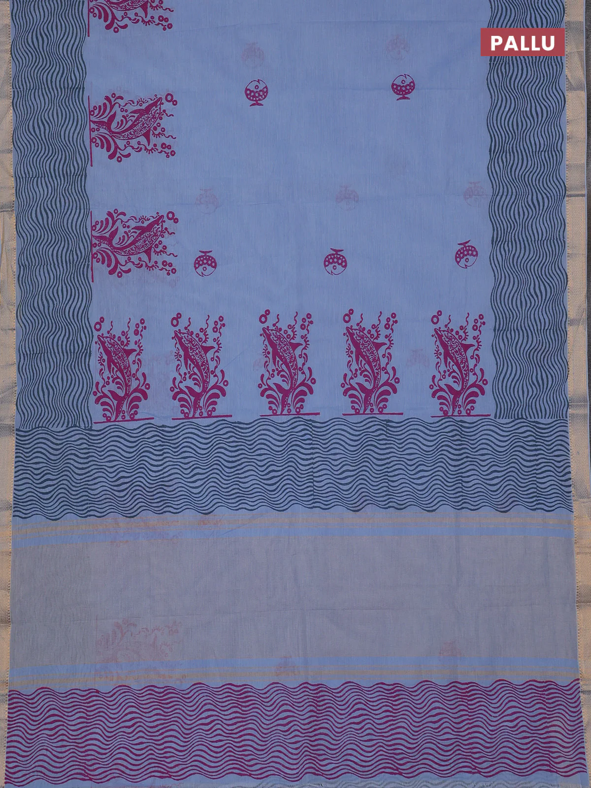 Mangalagiri cotton block printed saree pastel blue with butta prints and mangalgiri border - Image 3