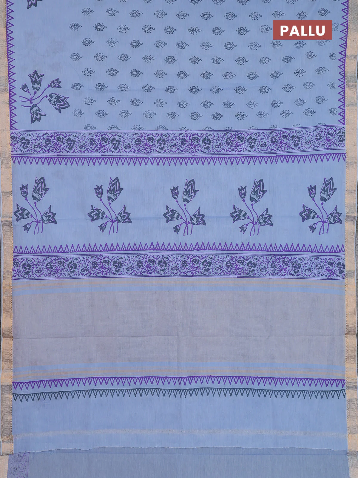 Mangalagiri cotton block printed saree pastel blue with butta prints and mangalgiri border - Image 3