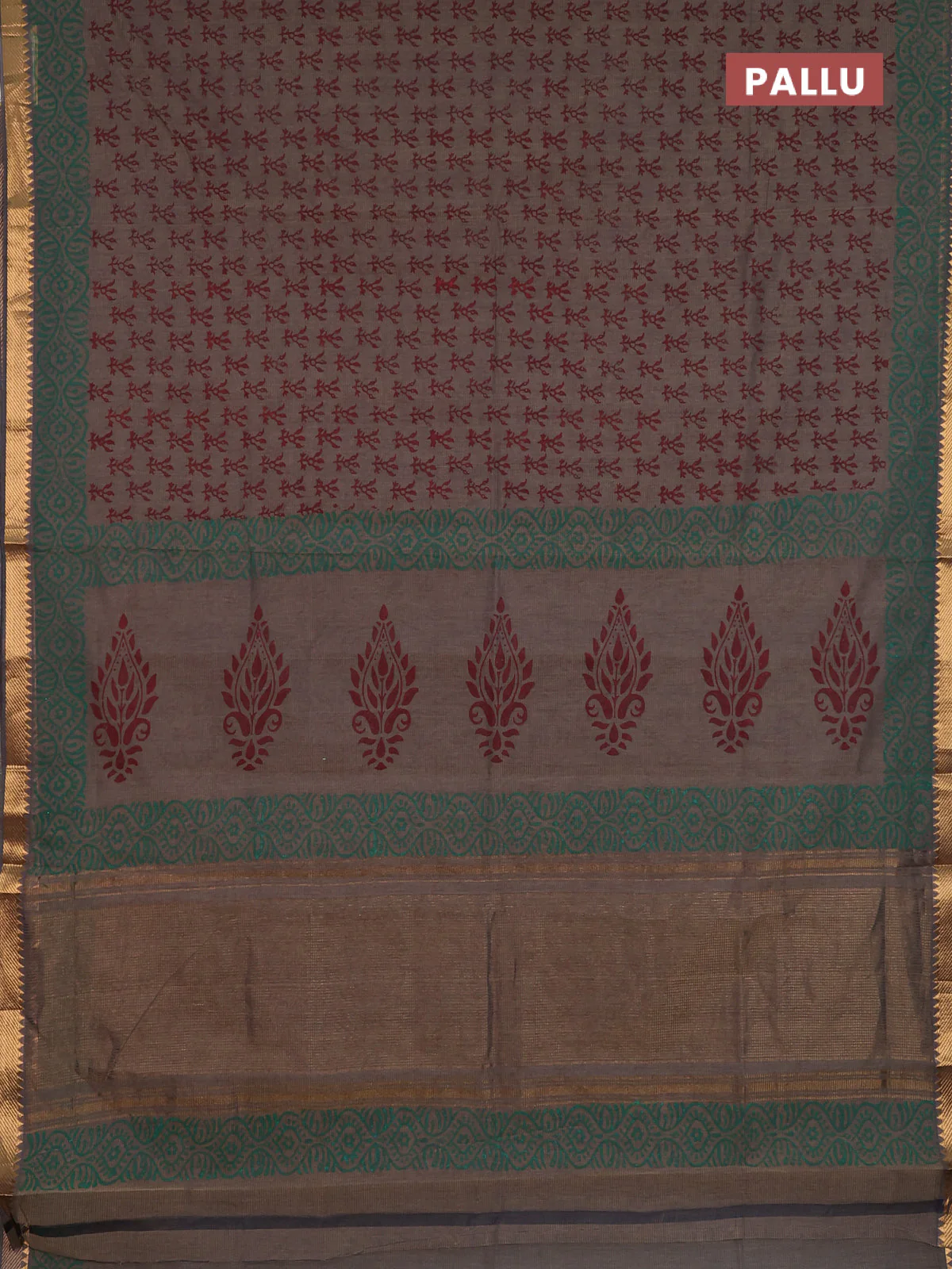 Mangalagiri cotton block printed saree pastel brown with allover butta prints and mangalgiri border - Image 3