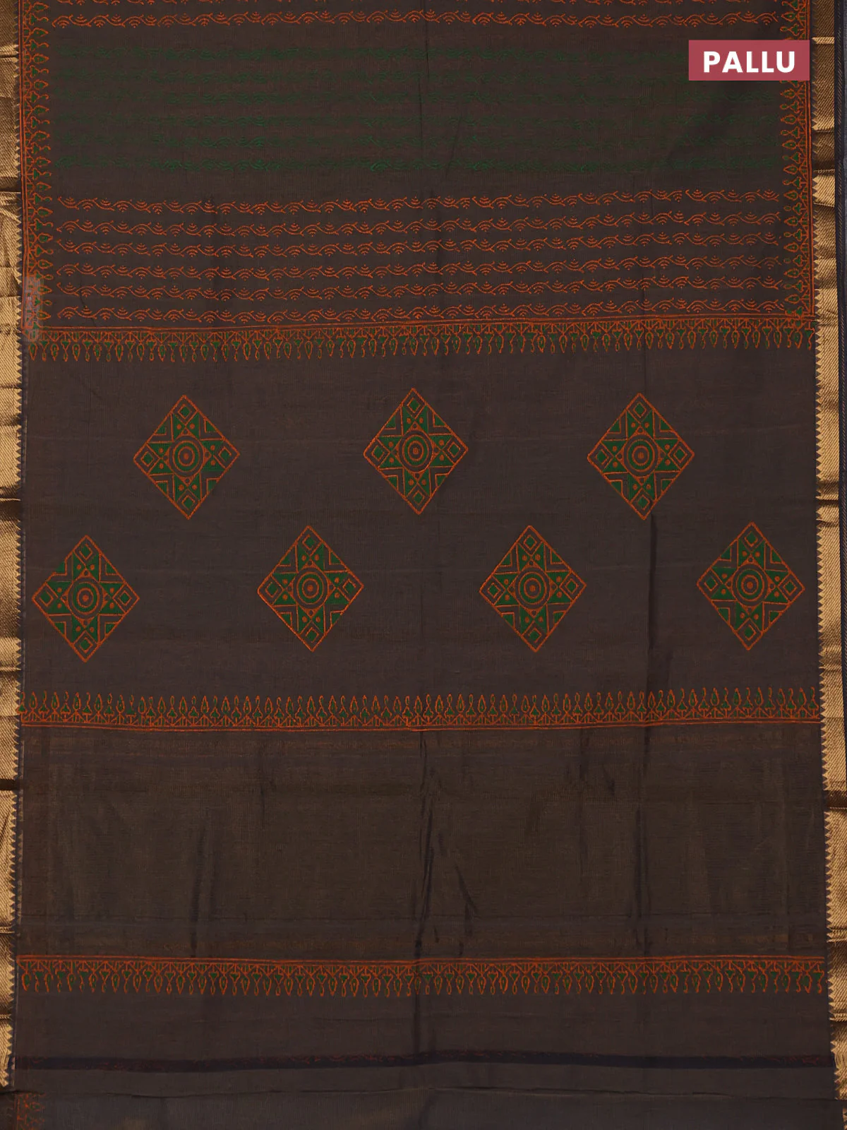 Mangalagiri cotton block printed saree pastel brown with allover prints and mangalgiri border - Image 3