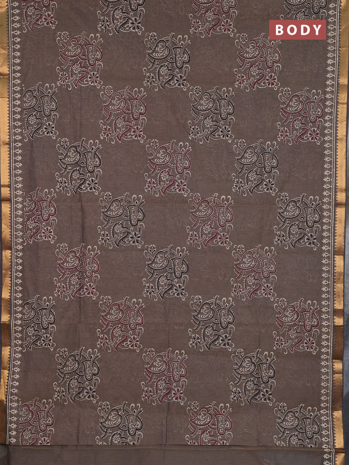 Mangalagiri cotton block printed saree pastel brown with allover prints and mangalgiri border - Image 2