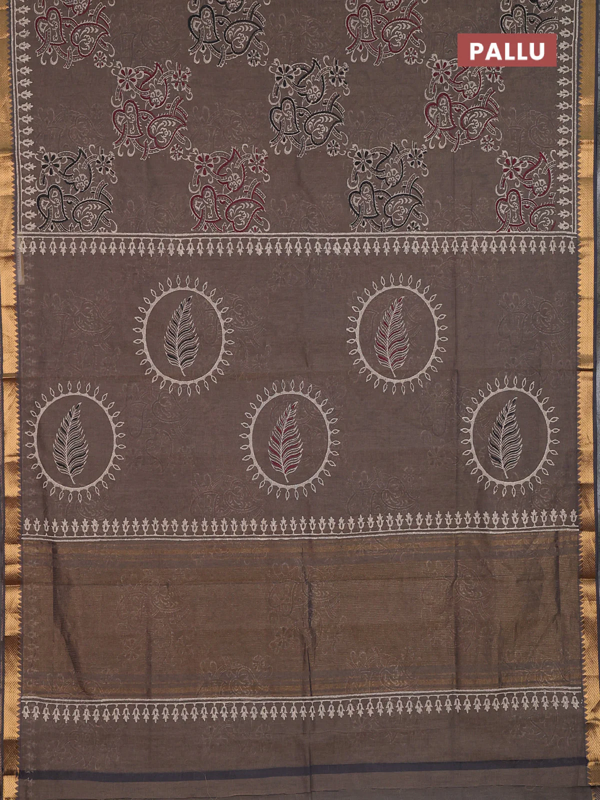 Mangalagiri cotton block printed saree pastel brown with allover prints and mangalgiri border - Image 3