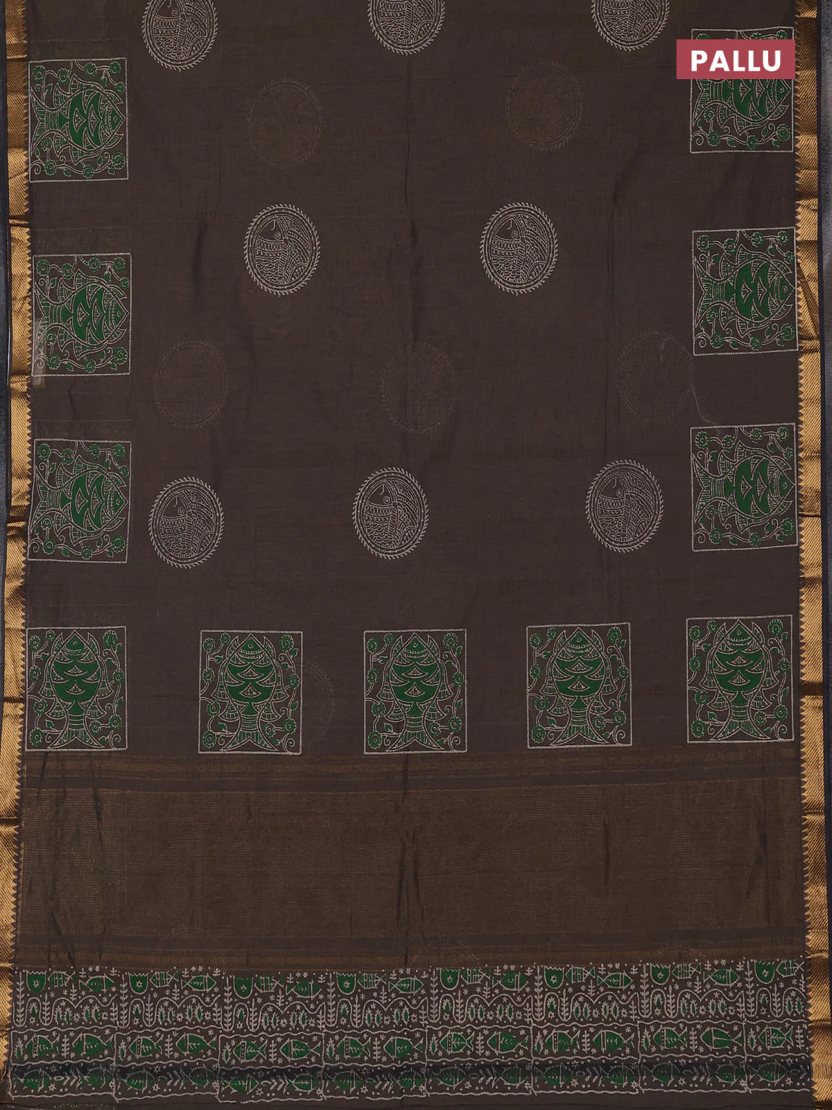 Mangalagiri cotton block printed saree pastel brown with butta prints and mangalgiri border - Image 3