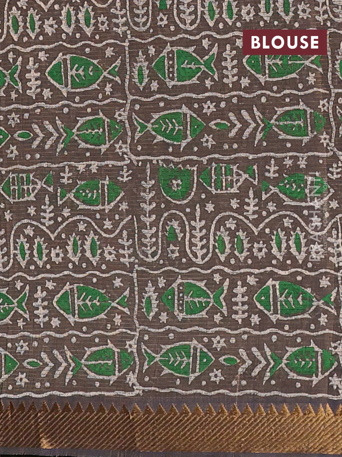 Mangalagiri cotton block printed saree pastel brown with butta prints and mangalgiri border - Image 4