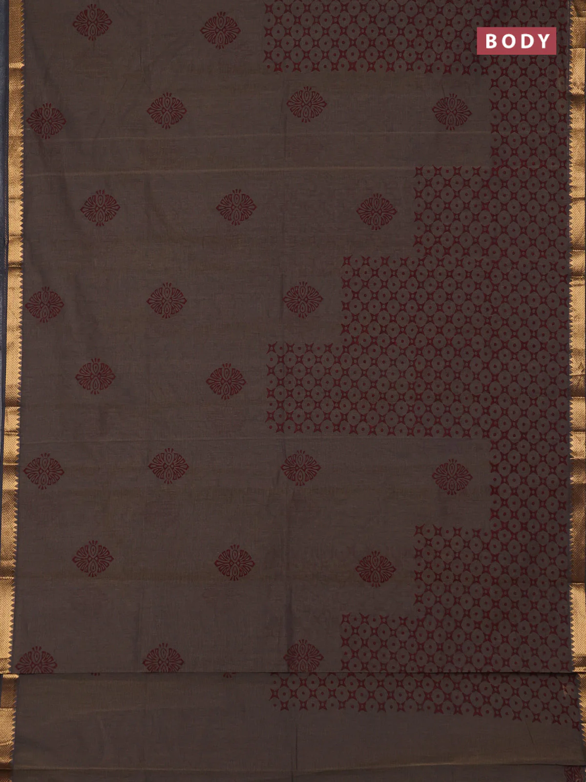 Mangalagiri cotton block printed saree pastel brown with butta prints and mangalgiri border - Image 2