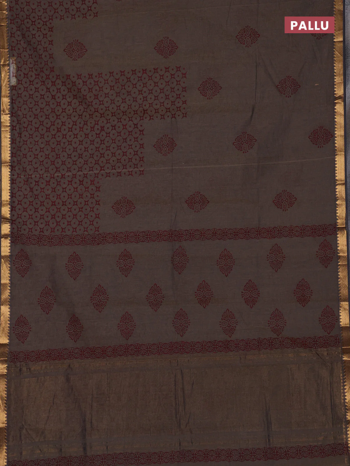 Mangalagiri cotton block printed saree pastel brown with butta prints and mangalgiri border - Image 3