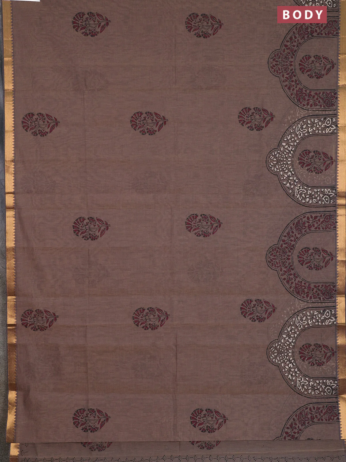 Mangalagiri cotton block printed saree pastel brown with butta prints and mangalgiri border - Image 2